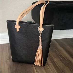 Consuela Black with tiny glitter Tote with Tan Handles